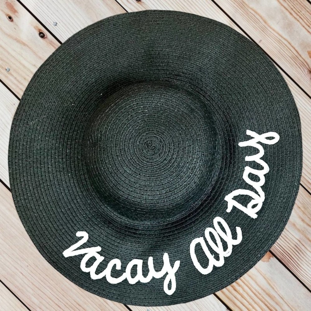 Vacay All Day Straw Floppy Hat Adult One Size Black White Pool Beach Cruise